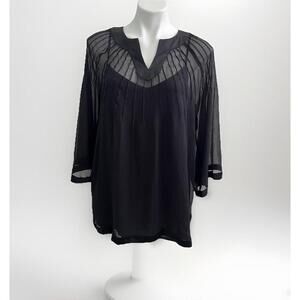 Nicole Miller Pleated Blouse top LARGE Black 3/4 Wide Sleeve V Neck NWOT